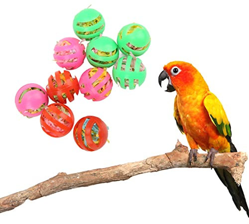 JOROBURO 10 Stück Vogelballspielzeug, Bunte Hohle Gefüllte Papageien-Futterbälle mit Glocke, Vogelzerkleinerungsbälle, Spielzeugpapageien, Kauspielzeug für Papageien, Wellensittiche,