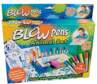 PNJB Drawing DIY Large Set of Blow Markers Blue Animal Set Kit, Educational Children Spray Painting Toys, Display, Creativity Hub Organized and Neat Storage,