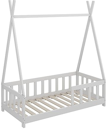 VitaliSpa Kinderbett 70x140 cm Susanna mit Rausfallschutz - Weiß 146x164x76 cm aus Bambus - Zaunumrandung vom Spielbett für Kleinkinder, Komfort trifft auf verlässliche Sicherheit