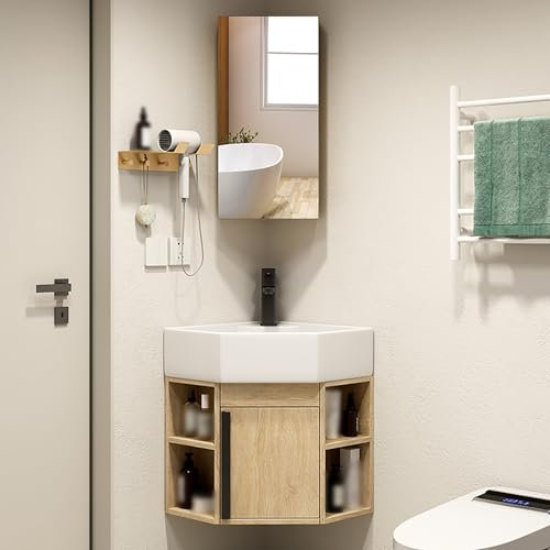 LLYLAFDC Meuble Lave Main d'angle Évier d'angle, Meuble De Rangement avec Lavabo, Lavabo Triangle Mural en Céramique avec Robinet Et Tuyau, Lave Main Céramique Blanche pour Salle De Bain(18in/45cm)