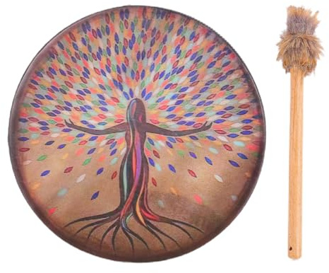 Generic Shaman Drum Hand Drums 25cm | Colorful Handmade Siberian Drum With Drumstick, Wooden Disc Ornament Percussion Instrument, Home Office Decoration Ornament
