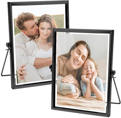 RANJIMA 2Pcs Glas Metall Fotorahmen A5,15x20cm Bilderrahmen Schwarz Doppelglas Fotorahmen Glasrahmen für Gepresste Blumen,Desktop Tisch Doppelseitig Blderrahmen Stehend Display Fotos,Kunstwerke,Poster