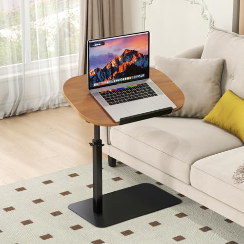 Massivholz Beistelltisch C Form Höhenverstellbar, Kleiner Couch Beistelltisch 360° Drehbar, Holz Laptoptisch Beistelltisch für Sofa/Bett, Wohnzimmer Sofatisch Laptop Tisch Metallbasis (Holzfarbe)
