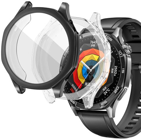 sciuU Protective Case compatible with Huawei Watch GT 5 46mm, [2 Pack] All-around Flexible TPU Case with Built-in Screen Protector, Soft & Shockproof Cover fit GT5 Smartwatch - Black + Transparent