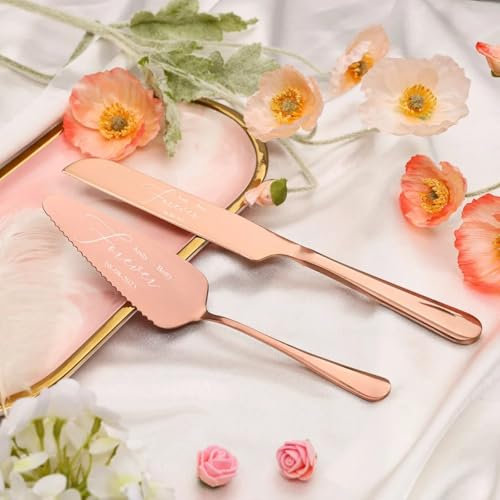 Tortenmesser-Set mit Gravur, personalisierbar, Kuchenmesser und Schaufel, Geburtstagsgeschenk, Hochzeit, Party, Dekoration, Jahrestag, Verlobung, Backwerkzeug (Roségold)