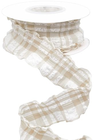 CABODYALS 9.14 m 5/8(1) cm Beiges Karoband Kariertes Band Geschenkband Mit Draht HellBraunees Doppel Chiffon Dekoband Polyesterband Mit Gerüschtem Rand Zum Verpacken von Hochzeitseinladungen