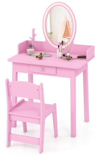 COSTWAY 2 en 1 Coiffeuse Enfants avec Miroir LED & Tabouret, Table de Maquillage avec Tiroir & Organisateur en Forme Arbre, Dispositif Anti-basculement, Charge 50kg pour Enfants de 3-8 Ans
