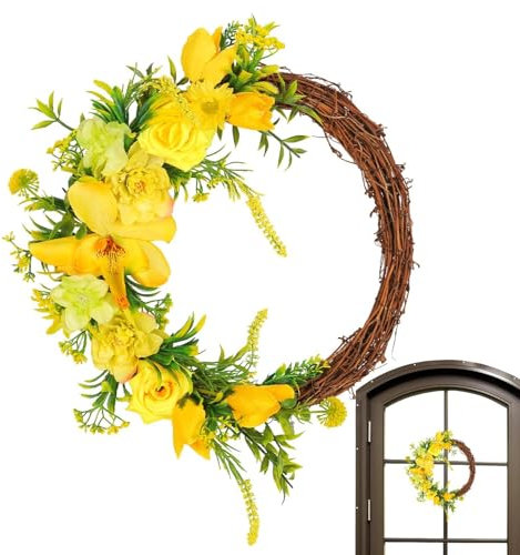 Corone di Primavera per Porta d'ingresso, Corona di Fiori Gialli, Decorazione della Corona Tutto l'anno, Corona di Fiori Falsi per Parete della finestra da 13,7 pollici, per Portico, Fattoria