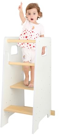 Beobachtungsturm für Kinder L 40 cm x B 42 cm x H 90 cm, Montessori-Turm 1-3 Jahre, höhenverstellbar, aus Holz, Fallschutz (weiß)