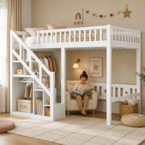 Hochbett 90x200 cm, Etagenbett mit Treppe und Rausfallschutz, Kinderbett mit Aufbewahrungsschrank, Funktionsbett Kinderhochbett Stockbett mit Lattenrost, Spielbett für Jungen Mädchen