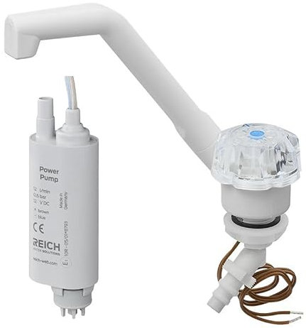 Kalt-Wasserhahn De Luxe 12V Ø20 mm – Klappbar, Weiß, für Wohnmobil & Boot inkl. Tauchpumpe 0,5 bar