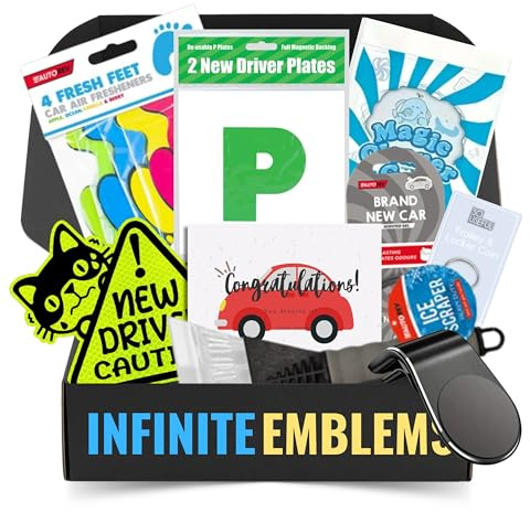 Infinite Emblems Passed Driving Test Gifts for New Driver - 7 Piece First Car Gift Set with P Plates, Car Cleaning Gel, Phone Holder, Ice Scraper, Freshener & New Driver Keyring