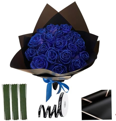 Glitzerrosen Bouquet, 20 Prozent konservierte blaue Rosenblumen, 9,5 Zoll glänzende DIY -falsche Rosen mit Stiel, Wickelbänder und Packpapier zum Jubiläum, Verlobung, Hochzeit