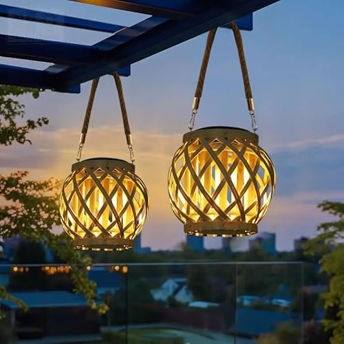 2 Stück Solarlaterne für Außen Garten 3000K Helle Solar Rattan Außenleuchte Hängend Stehend Solar Gartenleuchten IP44 Wasserdicht Solarlampen mit Schnur Griff für Draußen Balkon Outdoor Terrassen