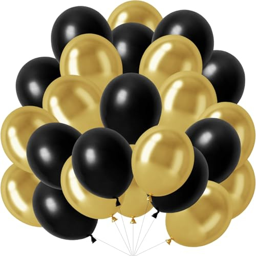 60 Stück Luftballons Schwarz Gold, 12 Zoll Helium luftballons Metallic Gold Schwarz Latex Ballons Partyballon fur Geburtstag Hochzeit Jahrestag Abschlussfeier Babydusche Party Deko
