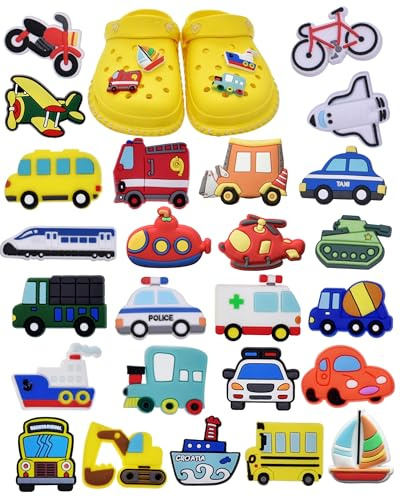 tikono Vehicle Shoe Charms, Transportation Theme Shoe Charms, 25-Piece Set, Car Plane Train Boat Design PVC Decorative Accessories