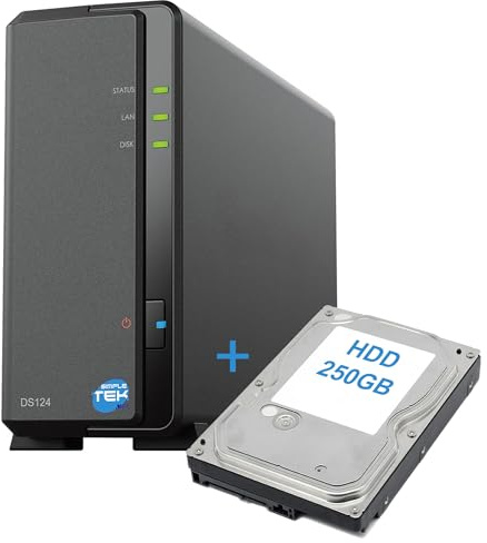 SIMPLETEK - Dispositivo de almacenamiento de red NAS de 1 bahía con disco duro SATA de 250 GB de 3,5″, Gigabit Ethernet, 1 GB RAM, USB 3.2, – Color negro (reacondicionado)