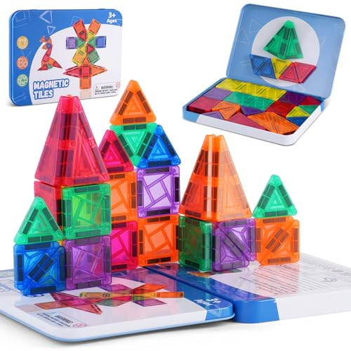 AOOSA Construction Magnetique Enfant, 40 Pièces Voyage tuiles magnétiques, Jeux Magnetique Enfant avec Boîte Rangement Métal Portable, Mini Briques magnétiques pour 3 + Ans garçons Filles