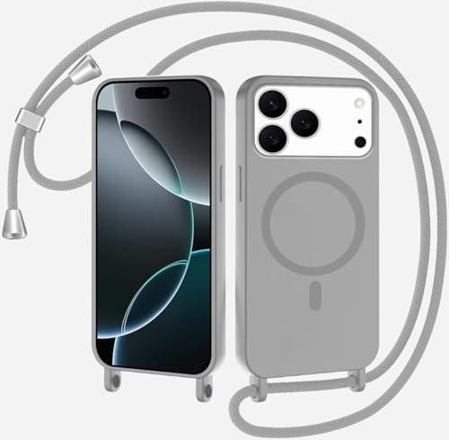 SLWYF Magnetische Handykette für iPhone 17 Pro Hülle mit Band, Handyhülle Kompatibel mit MagSafe, Silikon Seil Necklace Handyhülle PU Stoßfest mit Abnehmbar Kordel zum Umhängen Case - Grau