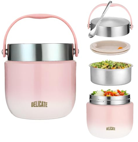 Termisk behållare för mat 1 200 ml rostfritt stål varmhållningsbehållare med vikbar sked termosmugg mat isolerad livsmedelsbehållare termolåda, lunchlåda termobarn för förvaring (rosa)