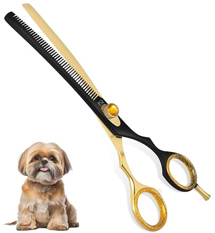 ZAVRIX Professional Dog Grooming Scissors – 7.5” Curved Thinning Shears with 34 Teeth, Pet Chunkers for Dogs & Cats, Premium 440C Stainless Steel Grooming Tools (Golden Black Curved Thinning Scissor)