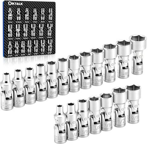 19-Piece 1/4 Drive Universal Joint Socket Set, Swivel Socket Set & Wobble Sockets with Metric (5-15mm) and SAE (3/16-9/16), 6-Point CR-V Flex Sockets for Tight Spaces