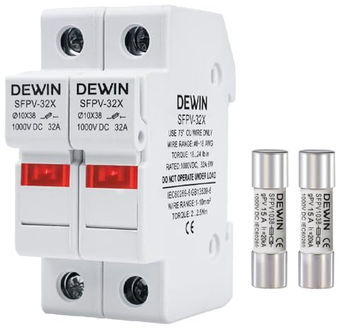 DEWIN Sicherungshalter Hutschiene, Solar PV Sicherungshalter 2P DC 1000V 32A DIN-Schiene Photovoltaik-Sicherungsbasis 10x38mm mit 2 Stück 15A Sicherungen
