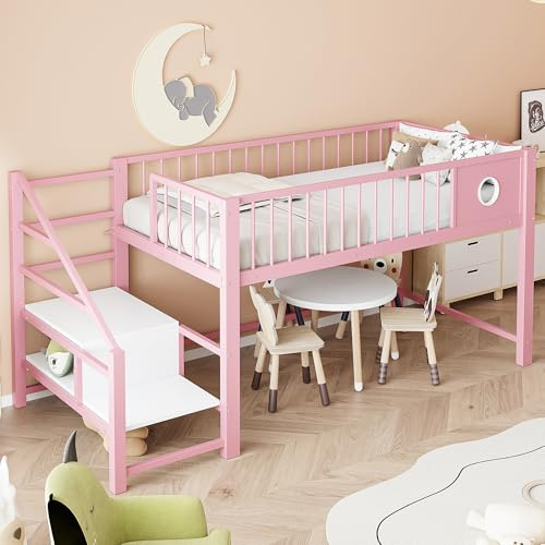 Merax Niedriges Hochbett 90x200 cm, für Kinder & Jugendliche, Metallrahmen, platzsparend mit Aufbewahrungsleiter, Stauraum unter dem Bett, kompakt, vielseitig, Rosa (ohne Matratze)