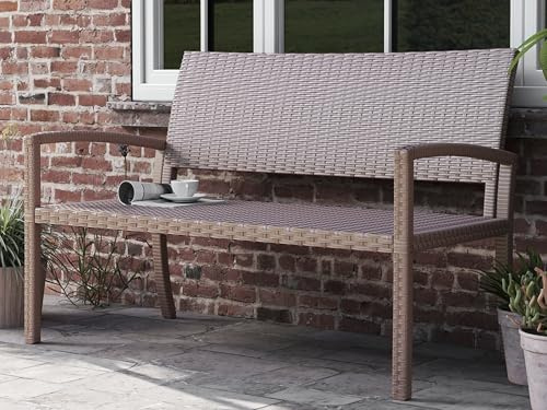 UDPATIO Gartenbank Wetterfest aus Polyrattan, Rattan Sitzbank Outdoor, Terrassenbank mit Rückenlehne & Armlehnen, Balkon Bank 320kg belastbar für Garten, Balkon, Terrasse,(Beige)