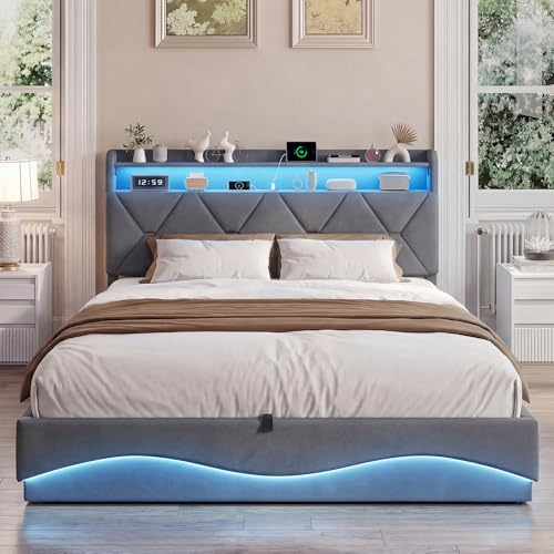QMTXBYJ Polsterbett Doppelbett 160x200 cm, Hydraulisches Bett 160x200 mit Bettkasten und Lattenrost, Staufach-Kopfteil mit LED und USB Ladestation, Stauraumbett Funktionsbett aus Massivholz und Samt