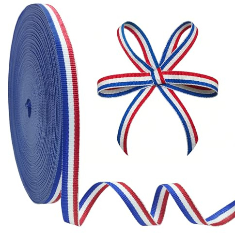 Cinta de Grosgrain de Color Rojo, Blanco y Azul, 10 mm × 50 m, Cinta de Poliéster Rayas Azul para Medallas, Insignias, Decoración Patriótica, Envoltorio de Regalo, Decoración de Fiestas