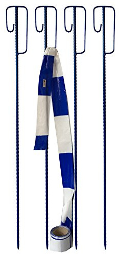 UvV Absperrleinenhalter Stahl Set Laterneneisen 1200 mm lang Ø14 mm mit UVV-Bügel und 1 Rolle (100m) Warnband/Absperrband (Blaue Absperrung 4 Stück Set)