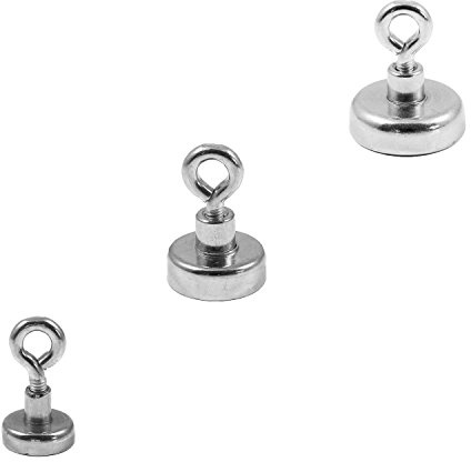 Magnetastico | Set mit 3 x Neodym Ösenmagnet N35 | Je EIN Stück 16, 20 & 25 mm Ø | Haftkraft 5.5, 9 & 22 KG| 3 x Neodymium Topfmagnet Set mit Öse BZW. Ringschraube verzinkt | Magnet Öse extra stark