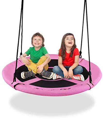 HONEY JOY 40 Inch Saucer Tree Swing, Indoor Outdoor Kids Swing Set w/Height Adjustable Hanging Straps, Wear-Resistant & Water Proof Large Round Flying Saucer for Playground Backyard Playroom (Pink)