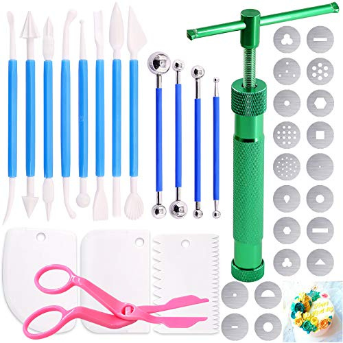Keadic 37-teiliges Fondant-Extruder-Set, Grünes Modellierton-Werkzeugset mit Extruderpistole, 20 Aufsätzen und Punktierwerkzeugen für Kuchen- und Zuckerdekoration