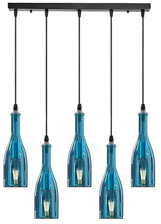 LEDSone Retro 5 Lights Wine Bottle Pendant Chandelier, Industrial Hanging Fixture with Blue Glass Shades, E27 Ceiling Light for Restaurant, Café, Dining Room