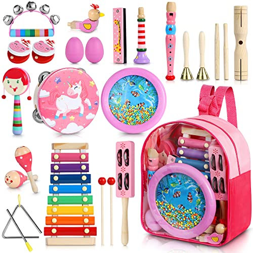Jojoin 25 Stück Musikinstrumente Kinder Set, Rosa Musik Kinderspielzeug mit Xylophon, Holz Percussion Set, Schlagzeug Schlagwerk Rhythmus Spielzeug für Kleinkind Mädchen ab 3 Jahre - Ostergeschenke