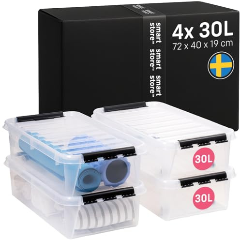 SmartStore Aufbewahrungsboxen 4er-Set 30L I Stapelbare Kunststoffbox mit Rollen und Deckel I BPA-frei & lebensmittelecht I Organizer für Abstellkammer oder Keller I durchsichtig und mit Clipverschluss