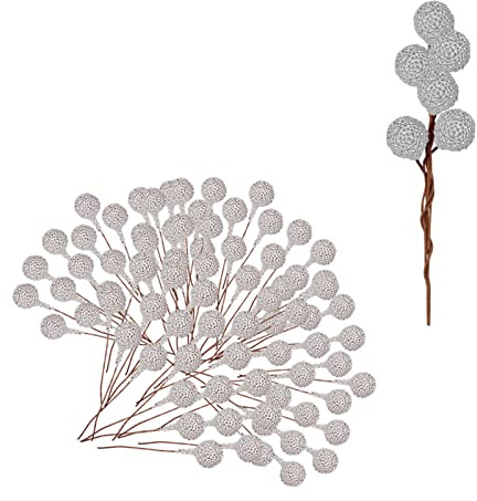 100Stück Weihnachten Künstliche Berries,Silber Gefrostet Holly Beeren Mini Weihnachtsbeere Künstliche Stechpalme für Weihnachten Kranz Dekorationen Kranz Machen Zubehör, Christbaumschmuck Decoration