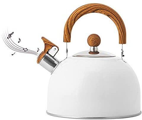 adawd Bouilloire sifflante, 2,5 l, en acier inoxydable, blanche, bouilloire pour de cuisson avec grain de bois, protection anti-brûlure, poignée ergonomique