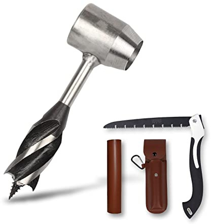 Bushcraft Gear Hand Auger Drill,Survival Tools with Folding Saw Making Wooden Rocket Stoves, 1”Dia Drill Peg and Scotch Eye Maker Settlers Wrench for Camping Shelter Building (1“Dia)