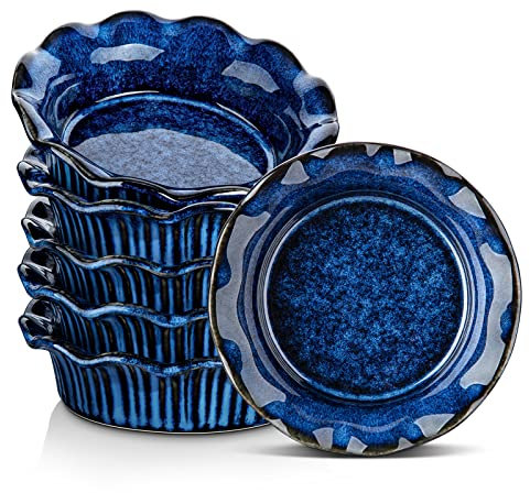 vancasso Ceramic Pie Dishes Set of 6, 13.3cm Individual Tart Tins for Oven and Baking, Small Pie Tin with Corrugated Edge, Easy to Clean, Dishwasher & Microwave & Oven Safe, Blue