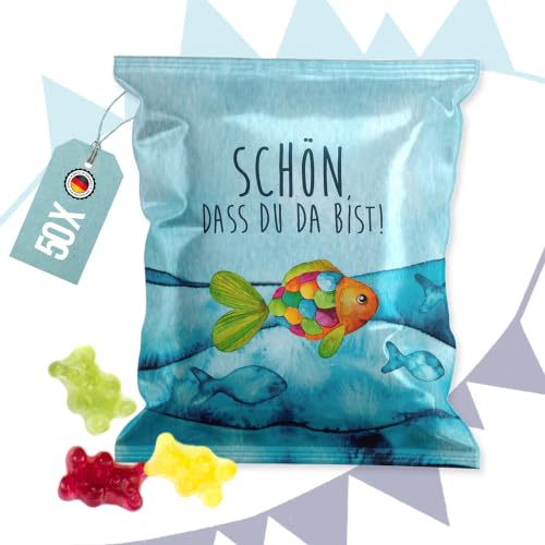 Gummibärchen Mini-Tütchen, 50 Stück: Kleine Gastgeschenke türkis bunt für Hochzeit, Konfirmation, Kommunion, Süßigkeiten, Fruchtgummi Kinder, Hergestellt in der EU, 7 x 9 cm