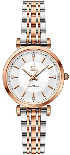 SHENGKE SK Relojes clásicos para Mujer, Reloj de Vestir a la Moda para Mujer, Correa de Acero Inoxidable sólido, Correa de Cuero Genuino (Silver-Rosegold)