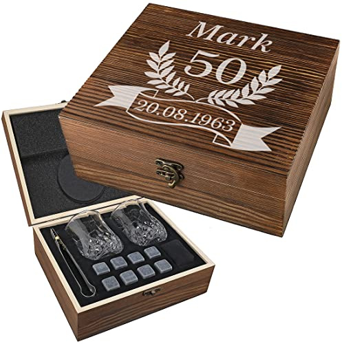 7-TLG Whisky Set mit Gravur - Motiv: Jubiläum Ährenkranz - 1x personalisierte Holzbox - 2X Whiskygläser, 9X Kühlsteine, 1x Beutel, 1x Zange - Eiswürfel - Geschenk - Stones, Glass, Ice Cubes