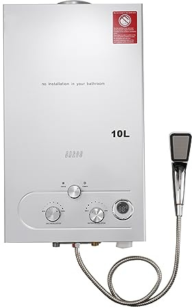 TABODD 10L Chauffe-eau à Gaz Propane, 20KW Chauffe-eau Instantané GPL Brûleur Portatif de Chauffe - eau Instantané sans Réservoir avec Kit Douche pour la Petit Camping Résidentiel, Argent