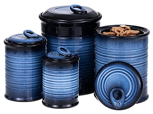 Nihow Food Storage Jar Sets: Ceramic Container with Air Tight Lid for Flour/Sugar/Rice/Coffee/Cookies/Candy - Seal Damp-proof Canister for The Kitchen Counter - Set of 4 （Blue & Black）