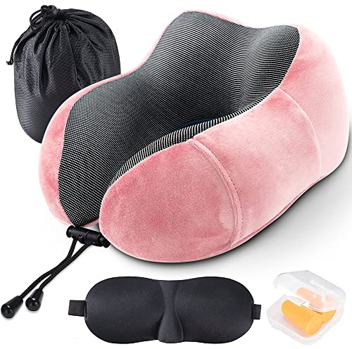 Tyuodna Coussin de nuque de voyage, en mousse à mémoire de forme pure en forme de U, coussin d'avion, super léger, portable, coussin de soutien de la nuque pour avion, voiture, bureau, camping (rose)