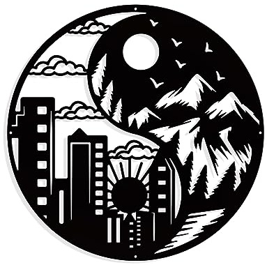 nbeads Yin Yang Wanddekoration aus Metall, Sonne Mond Stadt Wald Wanddekoration Silhouette Wandkunst für Zuhause Schlafzimmer Wohnzimmer Garten Hotel Büro Wanddekoration, 29.7cm Durchmesser