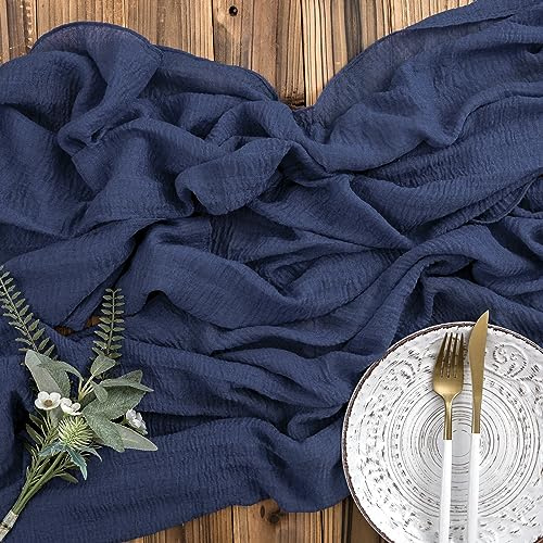 AOKSUNOVA Käsetuch Tischläufer Musselin Hochzeit Dekostoff Dunkelblau | Boho Käsetuch Tischläufer aus Musselin und Gaze,Eleganter Dekostoff für Hochzeit und Feste,Stilvolle Tischdeko im Naturlook